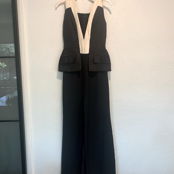 J. MENDEL Black and White Tux Floor Length Plunge Gown Piano Dress Peplum Waist - Picture 2 of 8